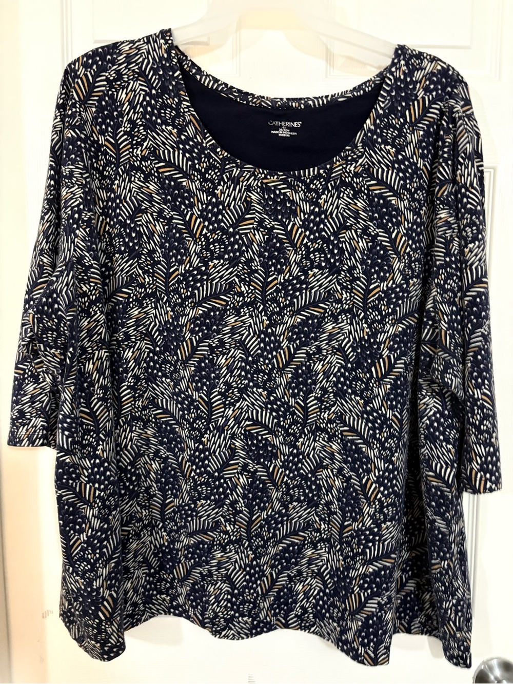 Catherines Navy Leaf-Print Scoop Neck Women's Tunic 4x 30/32 3/4 length sleeves